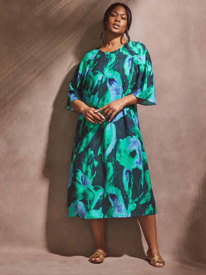 Green Abstract Print Flutter Sleeve Midi Dress