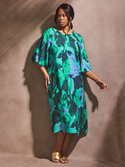 Green Abstract Print Flutter Sleeve Midi Dress