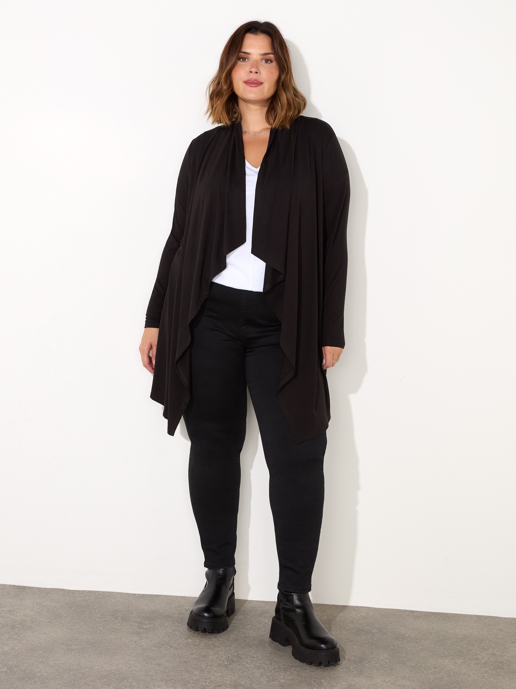 Black Jersey Longline Waterfall Cardigan