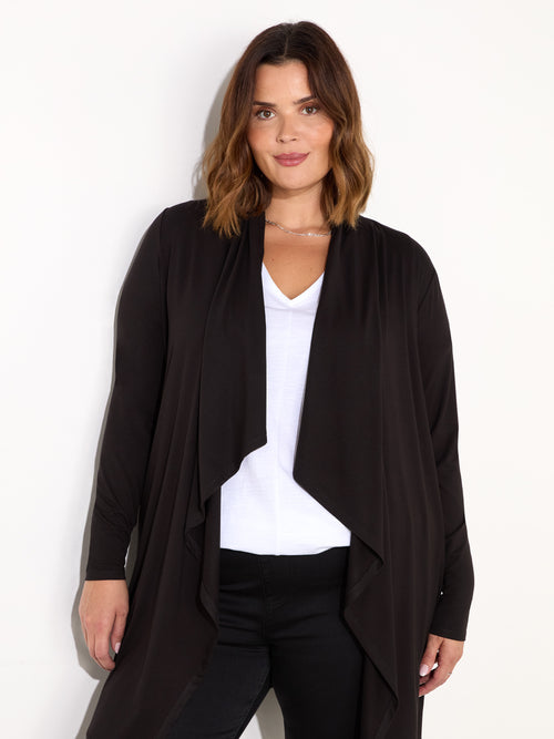 Black Jersey Longline Waterfall Cardigan