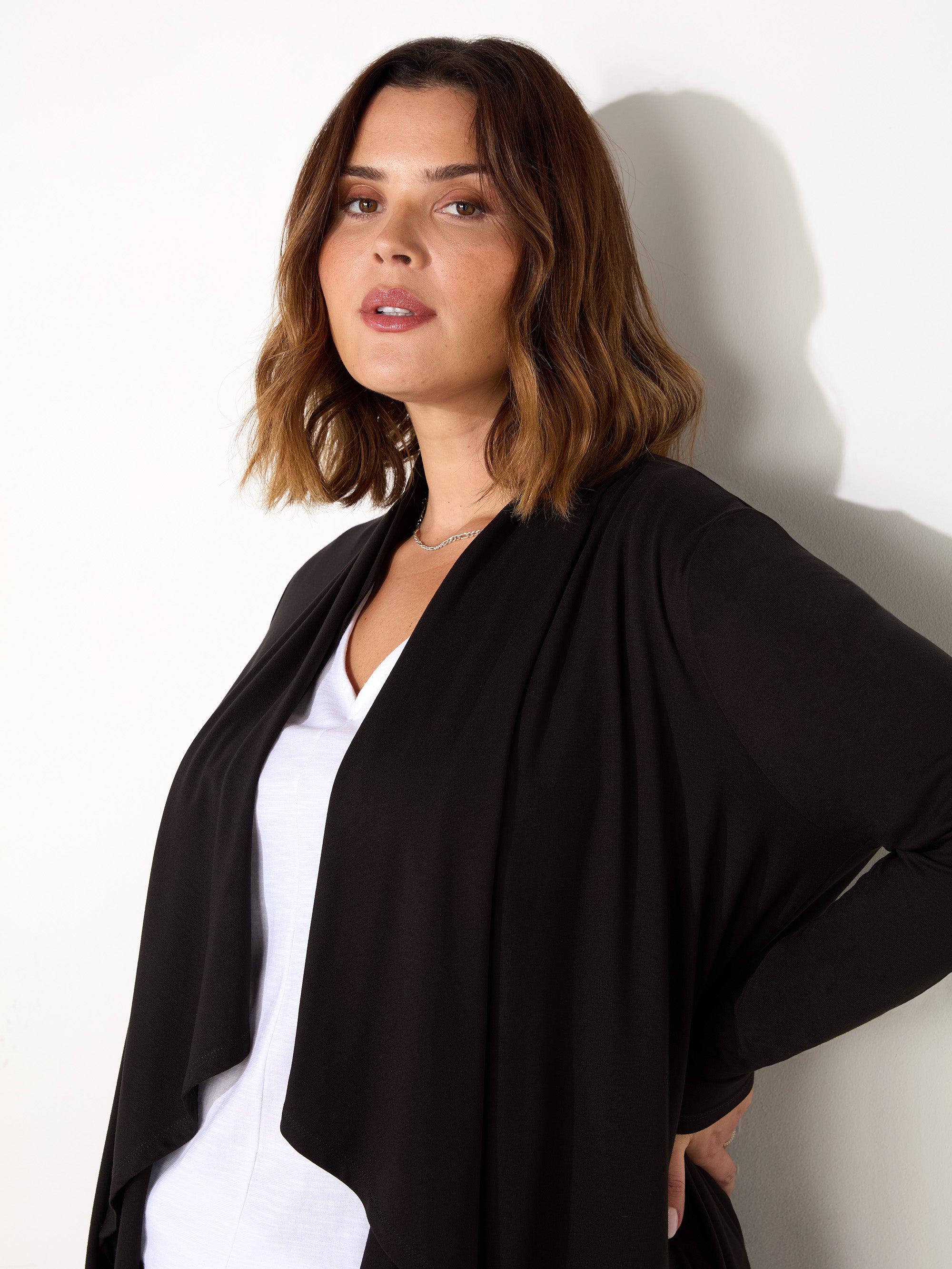 Black Jersey Longline Waterfall Cardigan