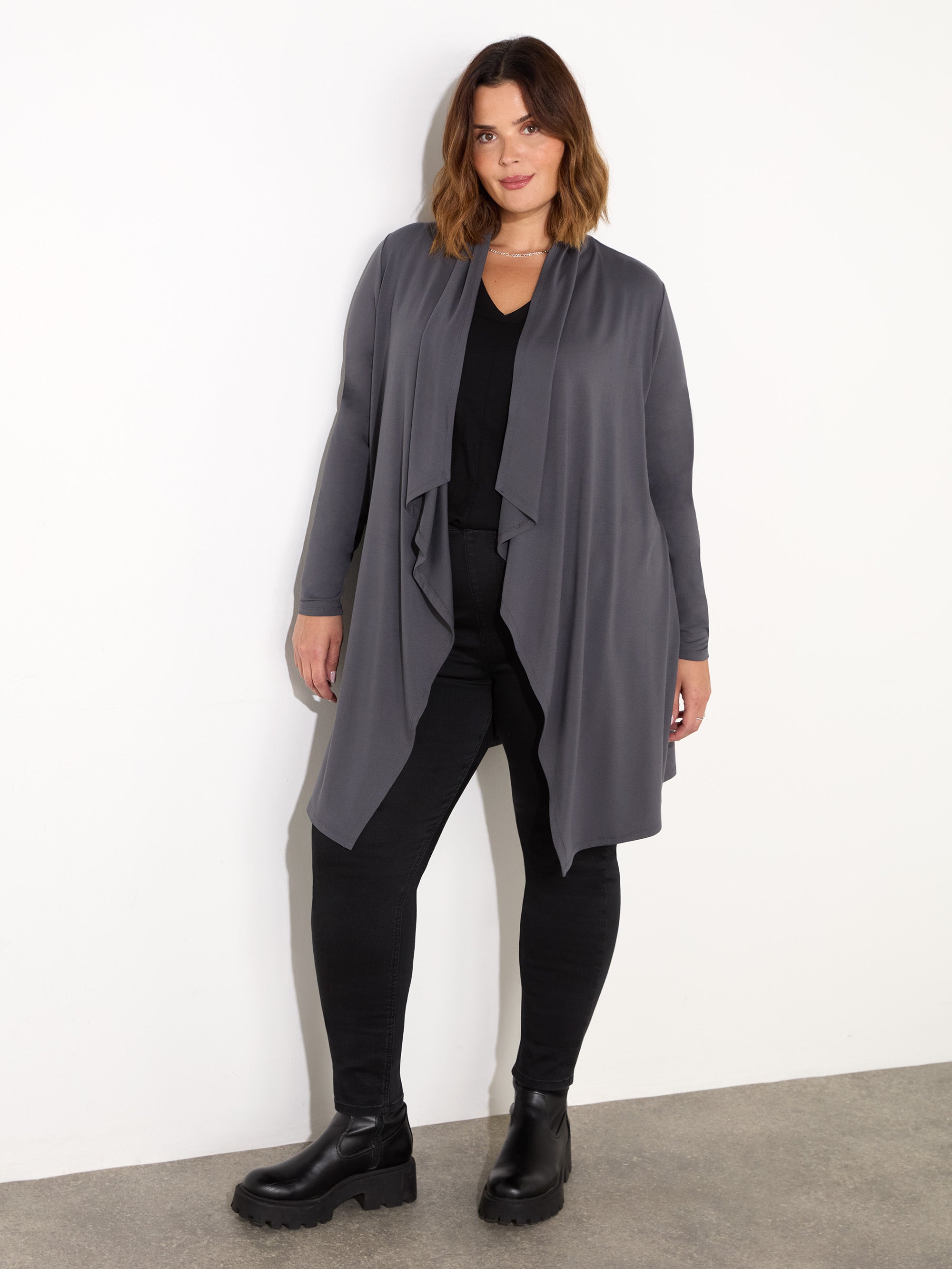 Grey Jersey Longline Waterfall Cardigan