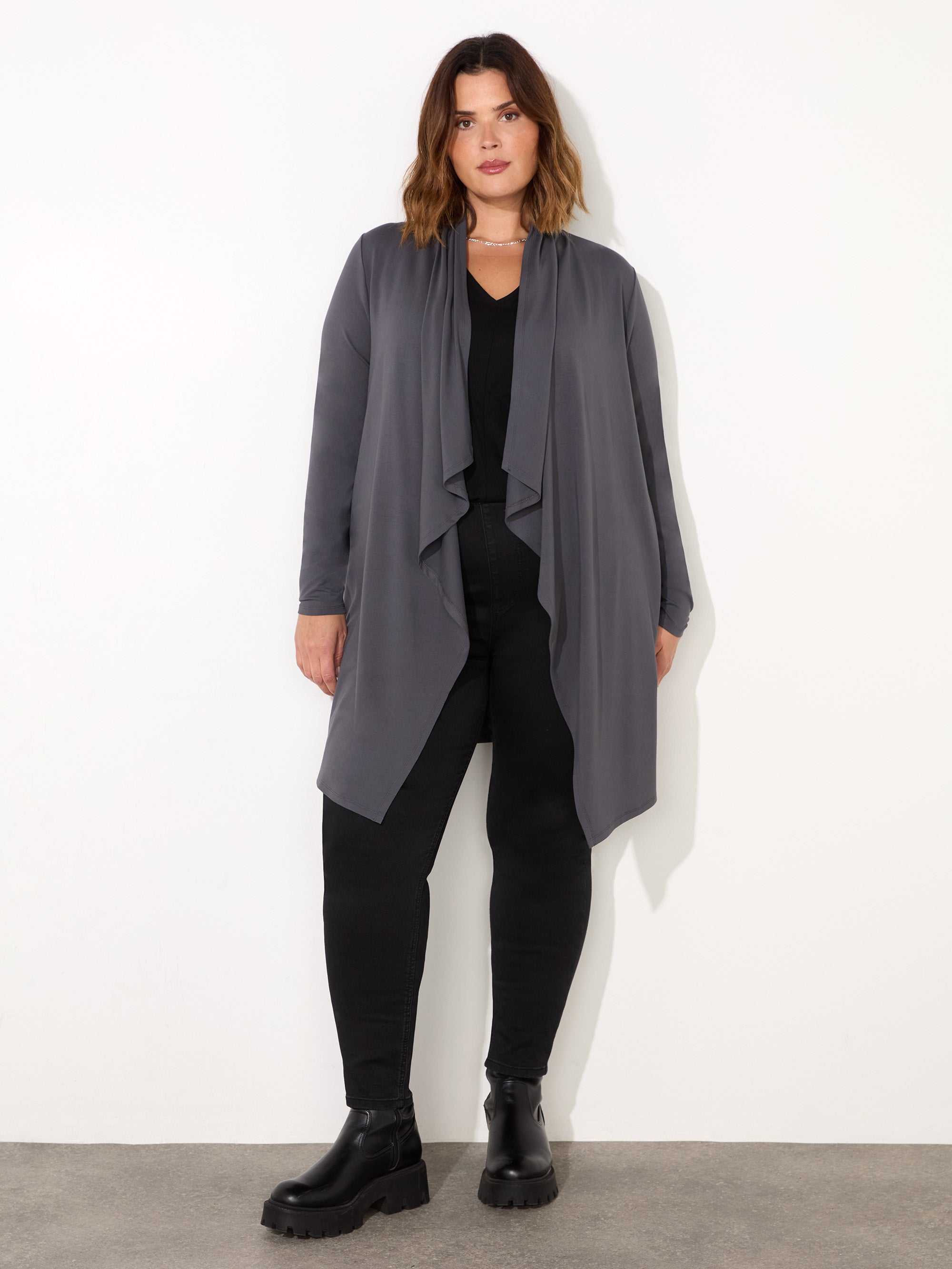 Petite Grey Jersey Longline Waterfall Cardigan