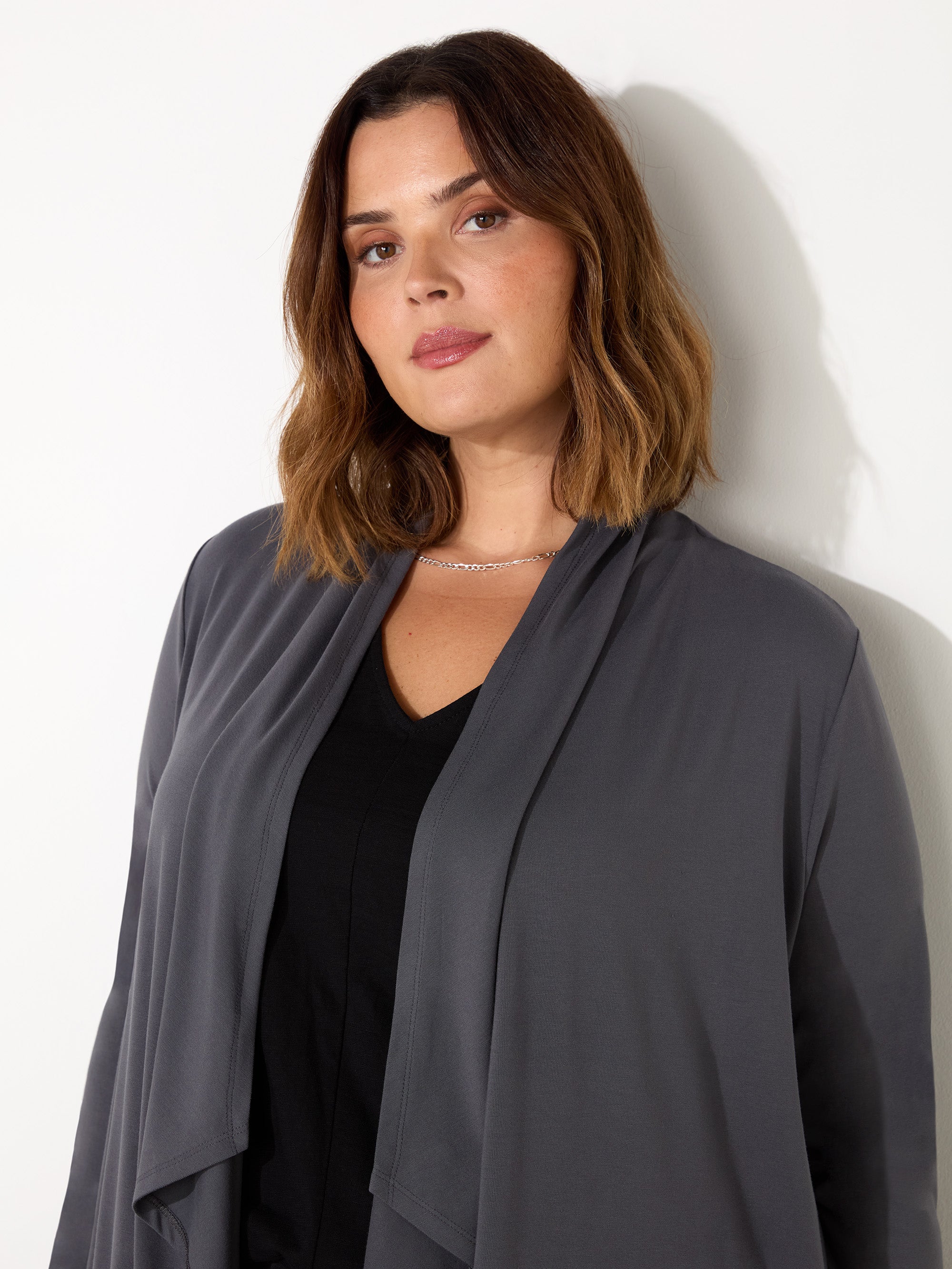 Petite Grey Jersey Longline Waterfall Cardigan