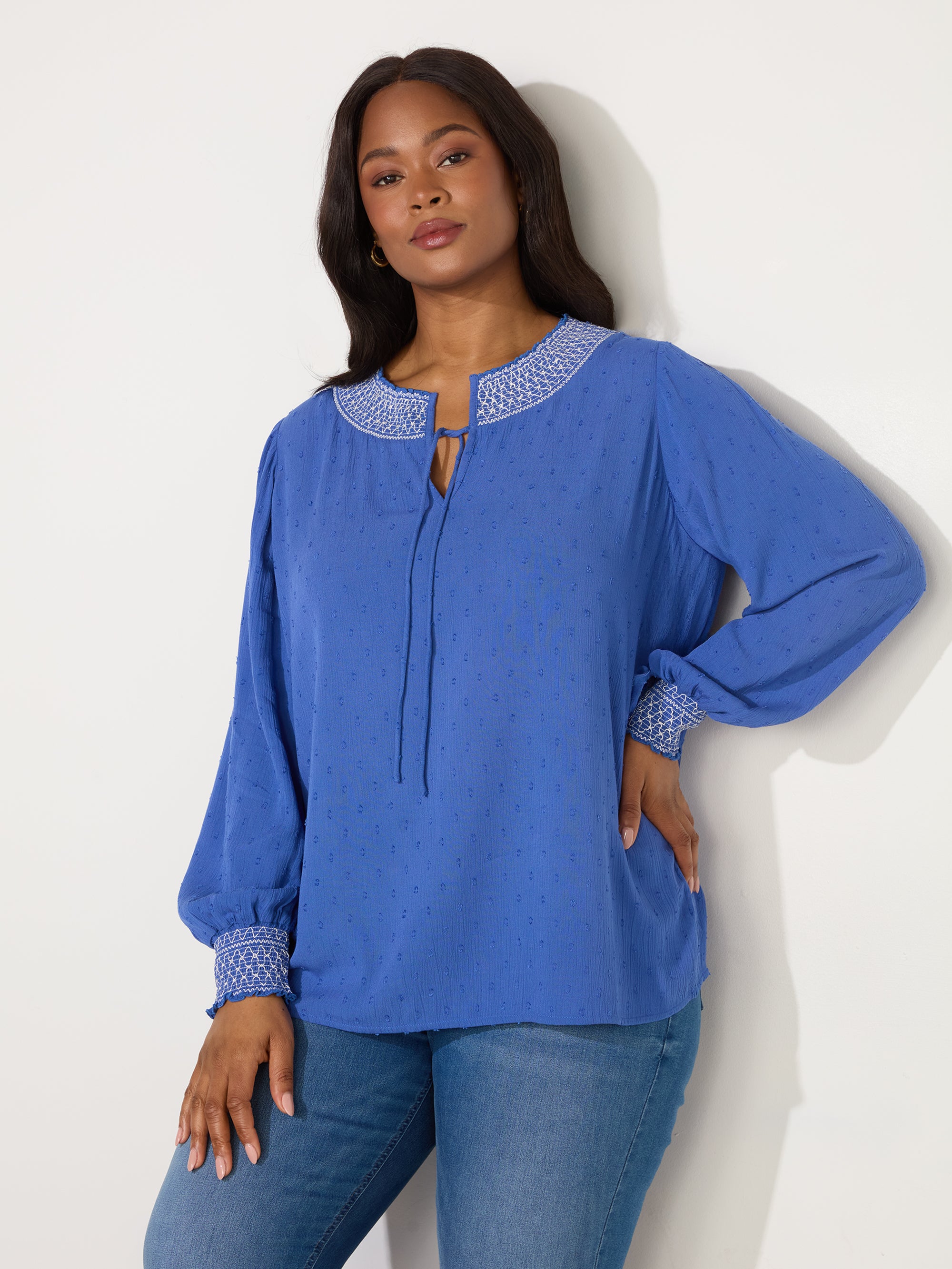 Blue Shirred Detail Blouse