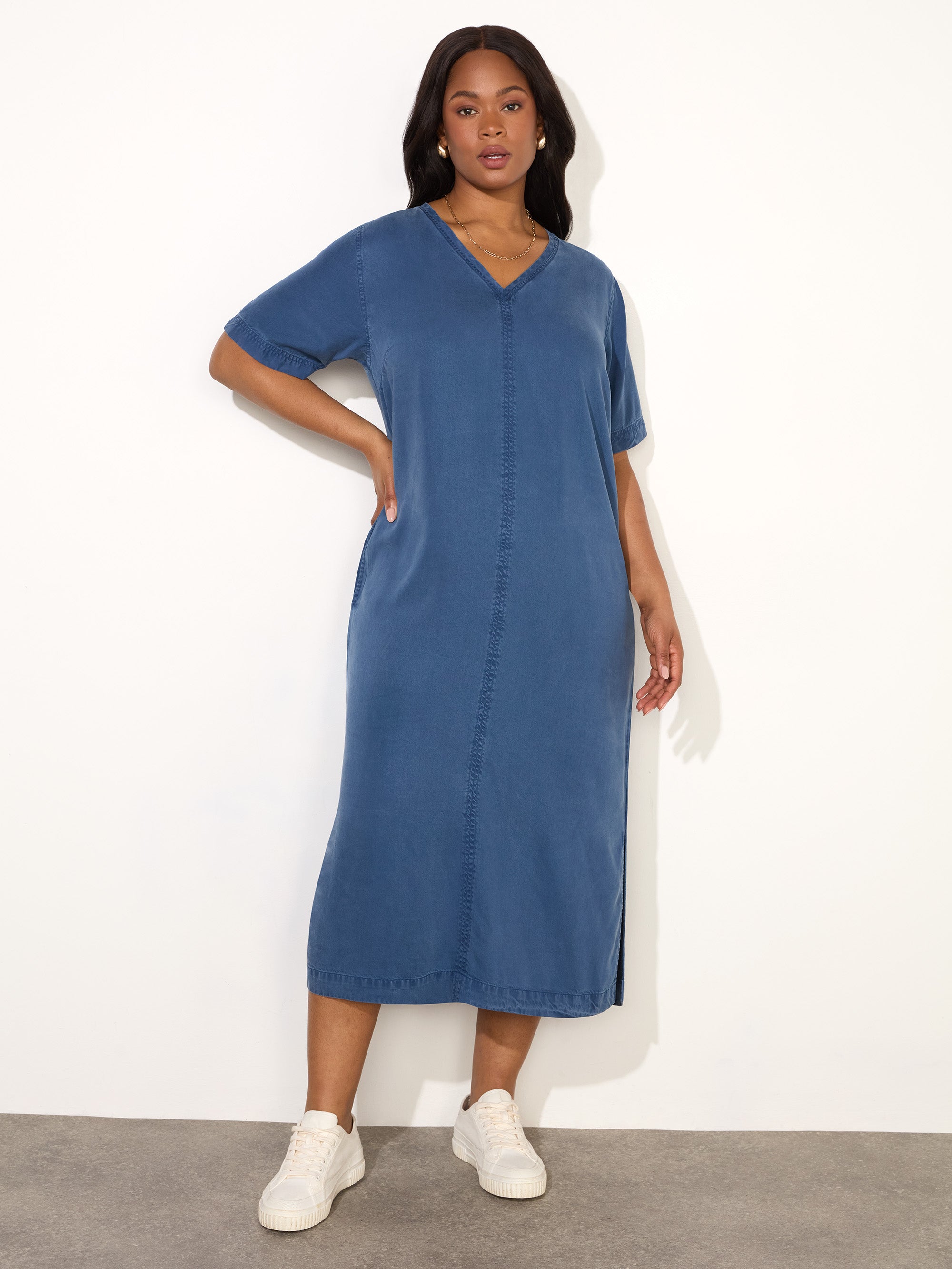 Blue V-Neck Midi T-Shirt Dress