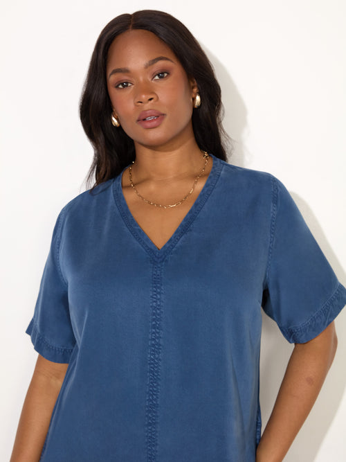 Blue V-Neck Midi T-Shirt Dress