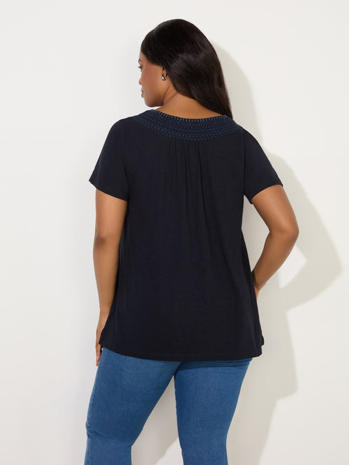 Navy Embroidered Shirred Neck Top