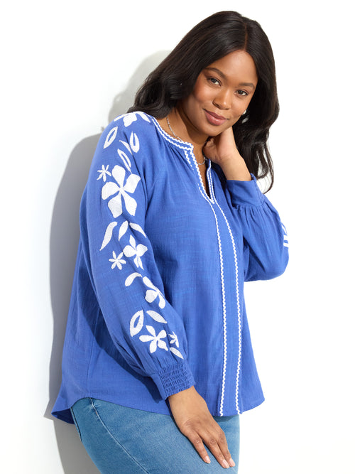 Blue Embroidered Relaxed Blouse