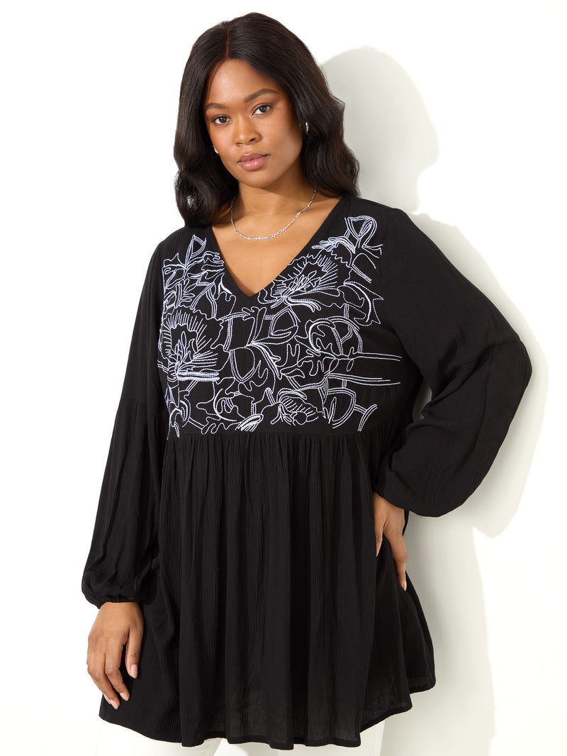Petite Black Embroidered Viscose Crinkle Tunic