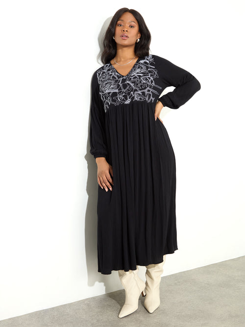 Black Embroidered Viscose Crinkle Dress