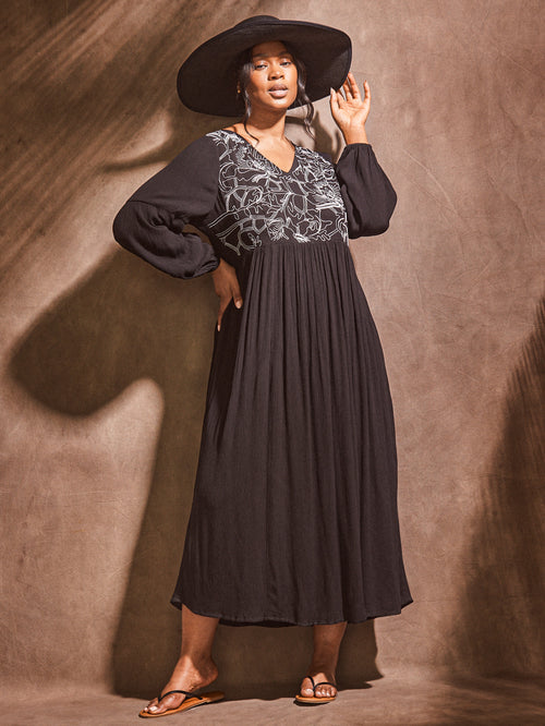 Black Embroidered Viscose Crinkle Dress