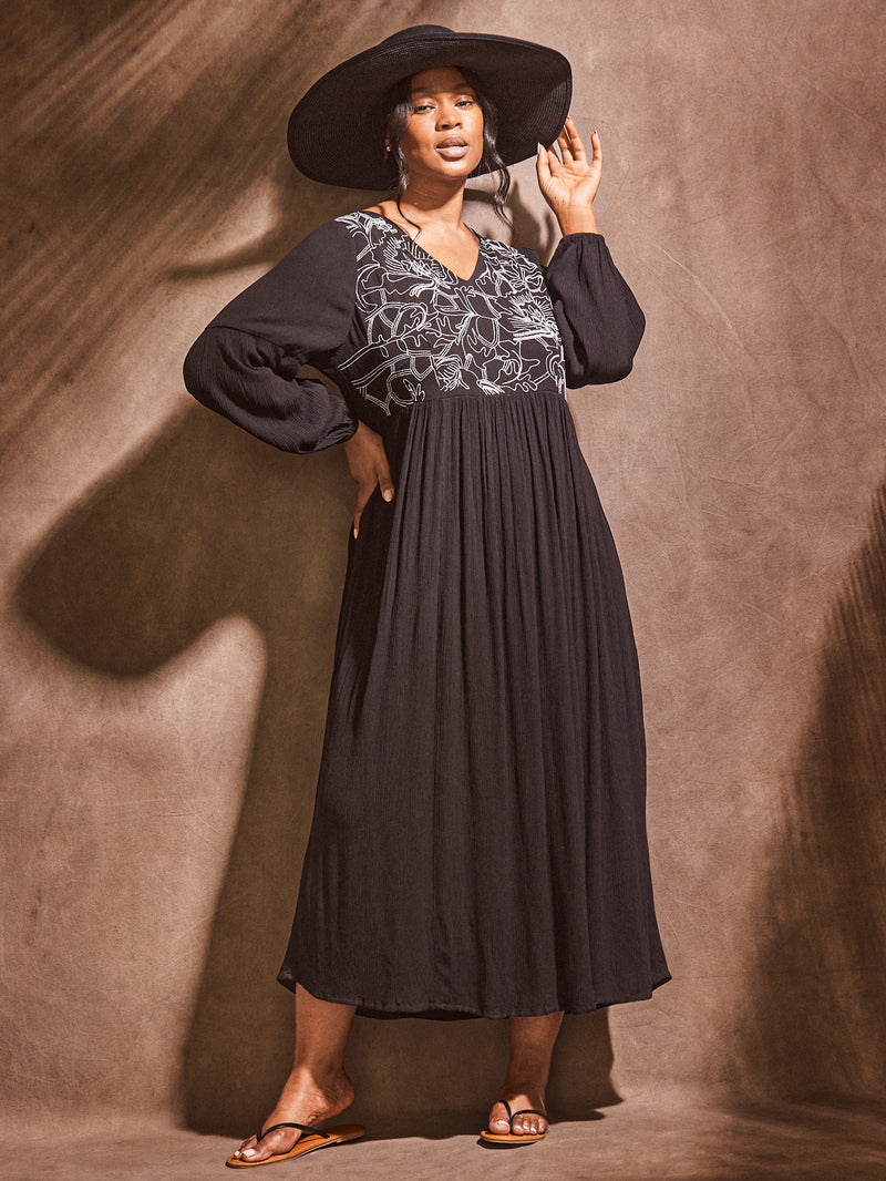 Black Embroidered Viscose Crinkle Dress