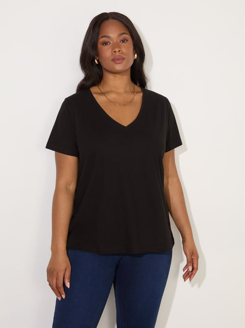 Black Cotton Slub V-Neck T-Shirt