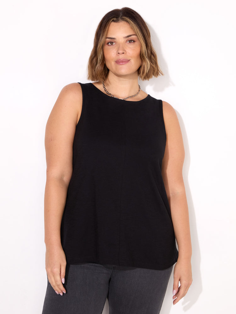 Black Round Cotton Slub Neck Vest