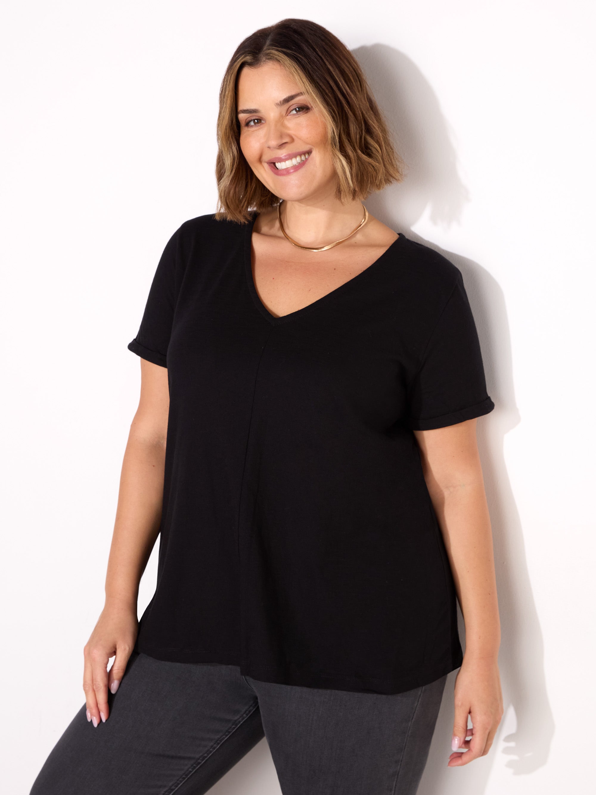 Black Cotton Slub V-Neck T-Shirt