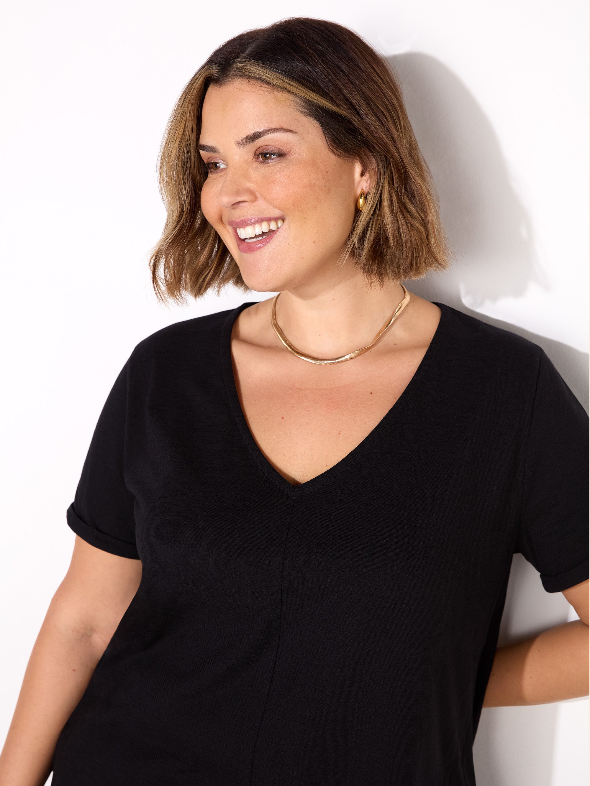 Black Cotton Slub V-Neck T-Shirt