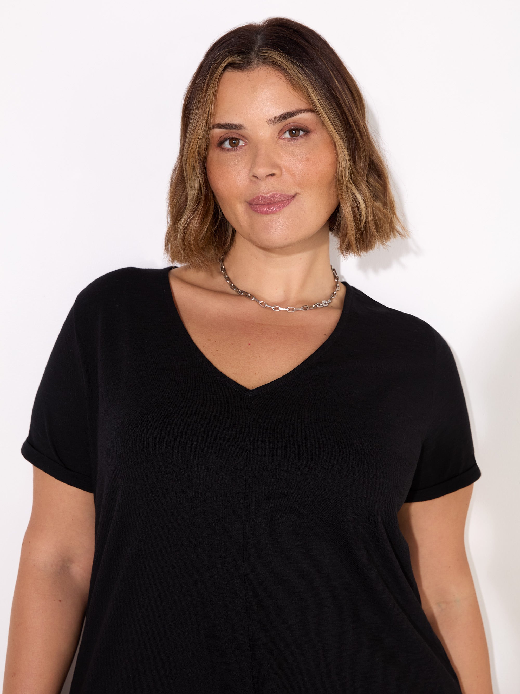 Black Cotton Slub V-Neck Longline T-Shirt