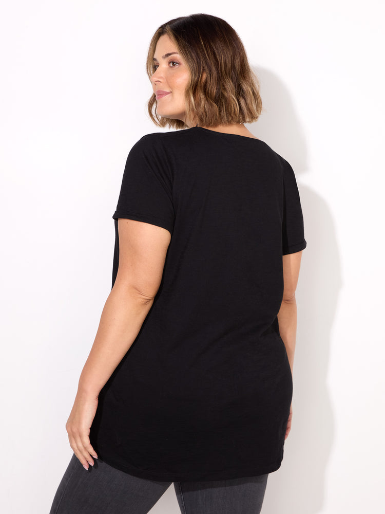 Black Cotton Slub V-Neck Longline T-Shirt