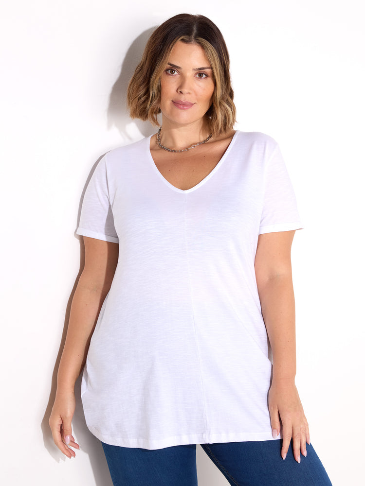 White Cotton Slub V-Neck Longline T-Shirt