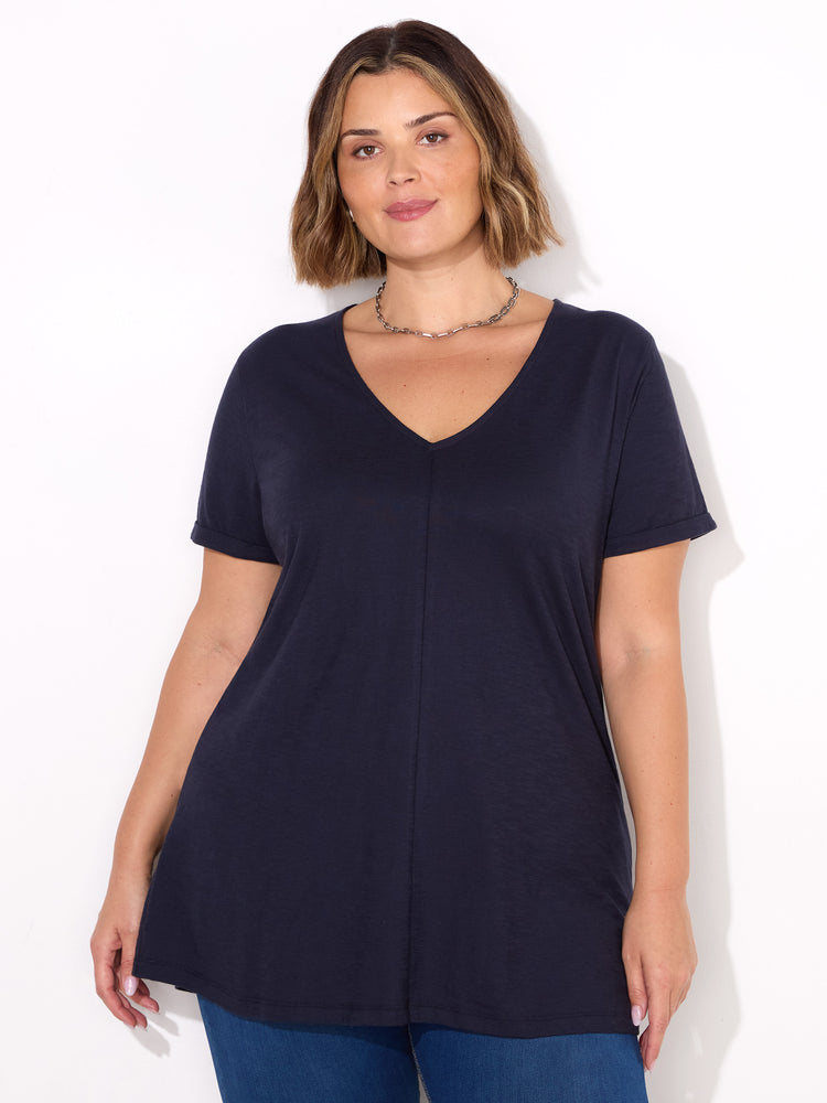 Navy Cotton Slub V-Neck Longline T-Shirt