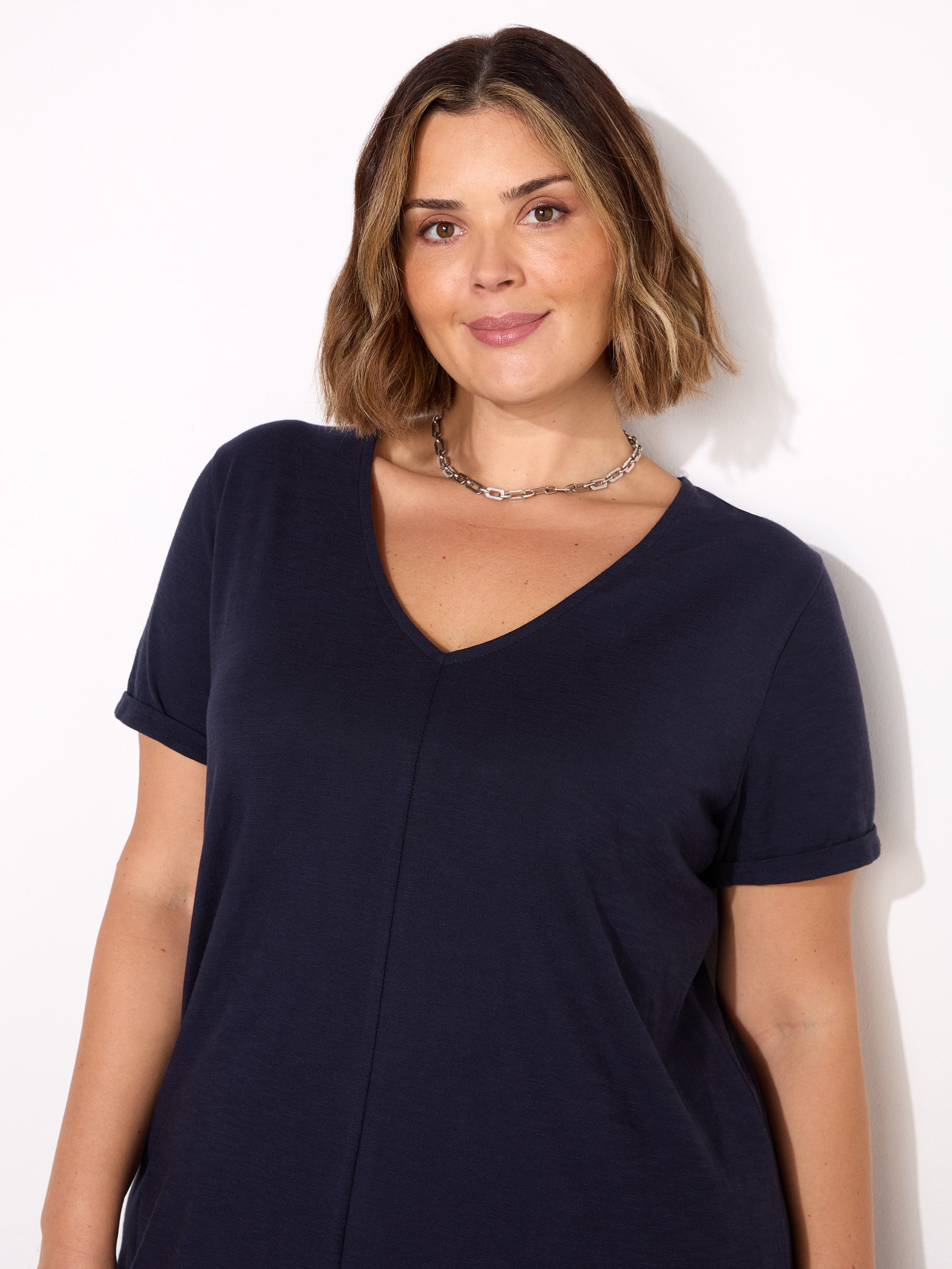 Navy Cotton Slub V-Neck Longline T-Shirt