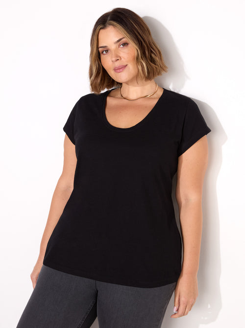 Black Cotton Slub Scoop Neck T-Shirt