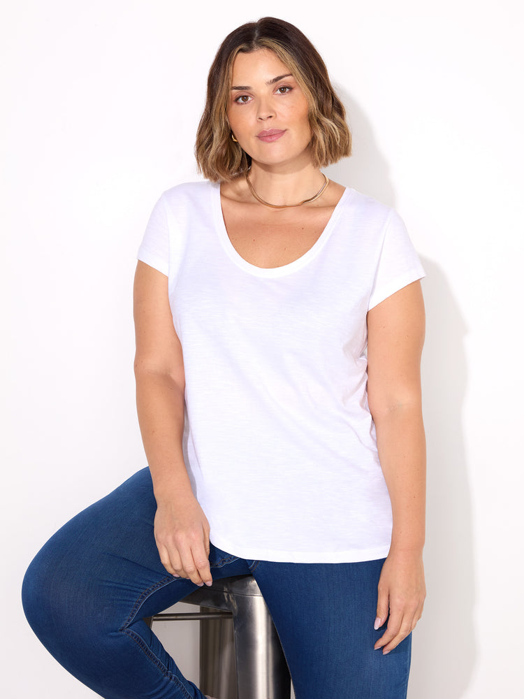 White Cotton Slub Scoop Neck T-Shirt