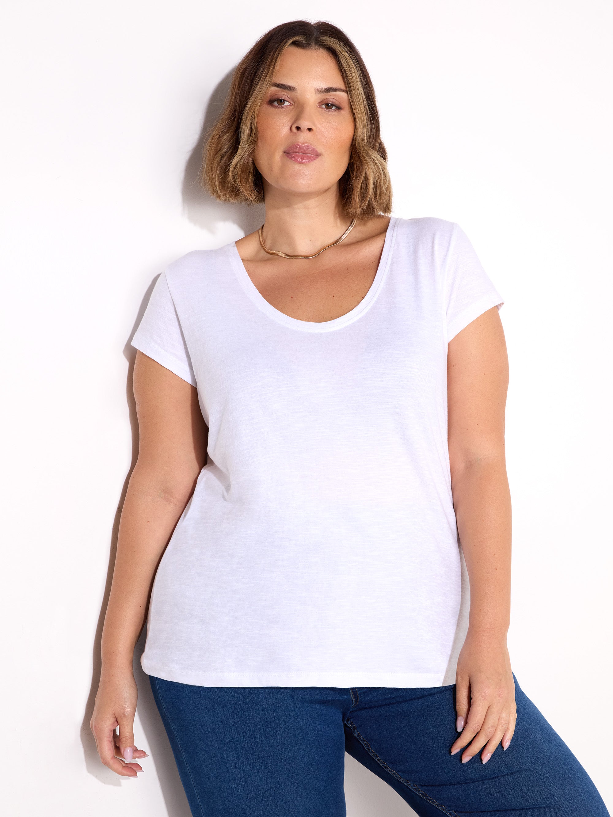 White Cotton Slub Scoop Neck T-Shirt