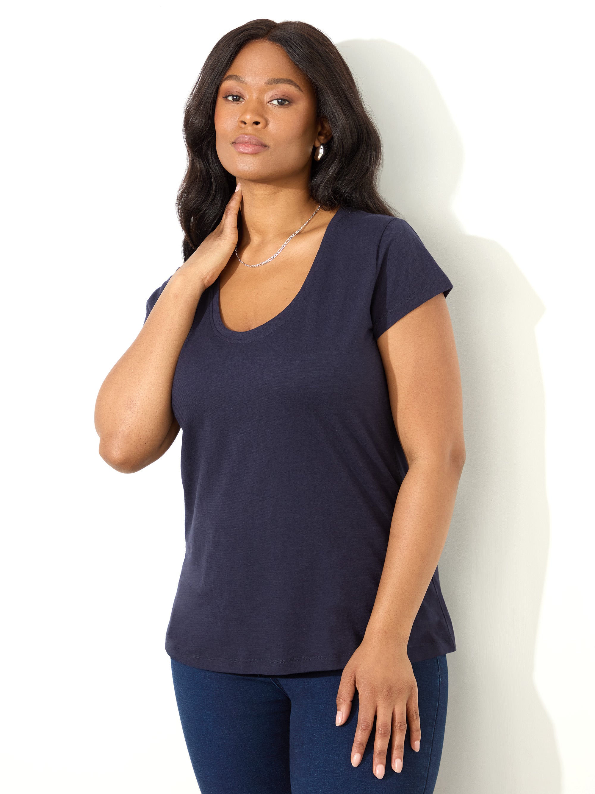 Navy Cotton Slub Scoop Neck T-Shirt