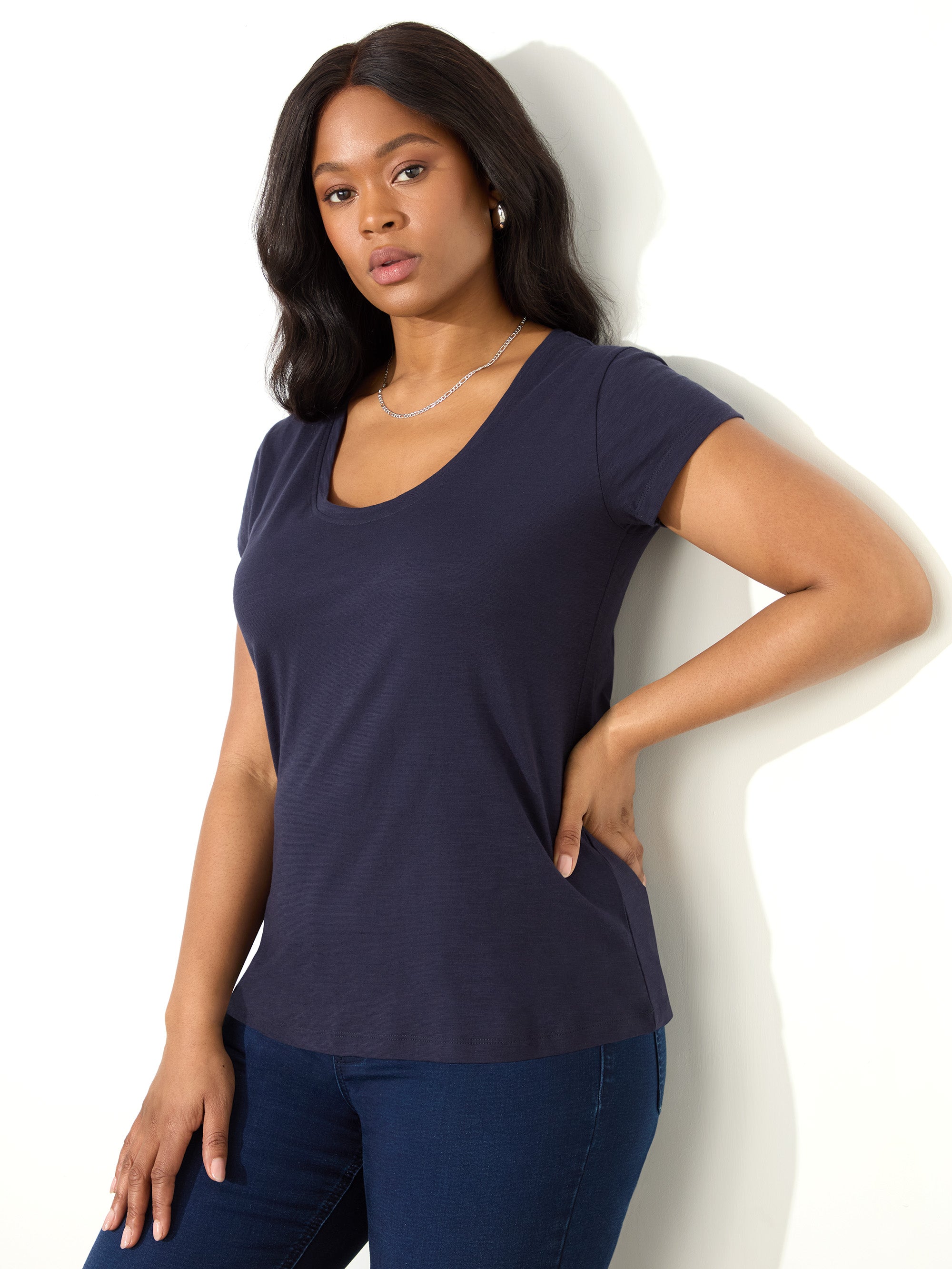 Navy Cotton Slub Scoop Neck T-Shirt