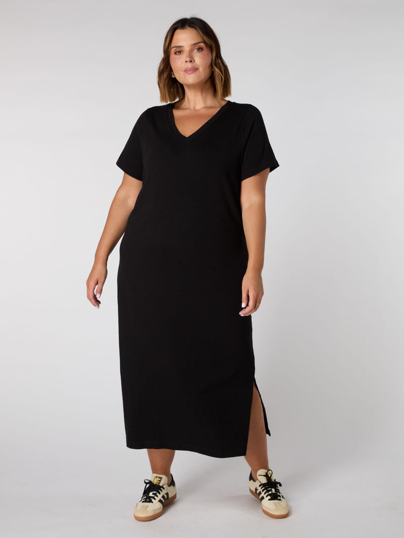 Black Cotton Slub T-Shirt Dress
