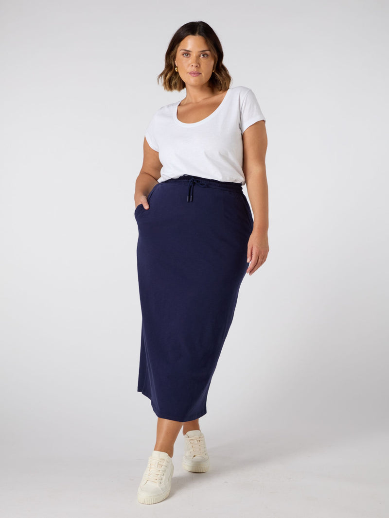 Navy Jersey Midi Skirt