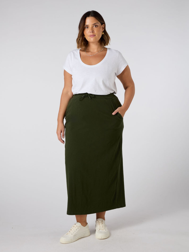 Khaki Jersey Midi Skirt
