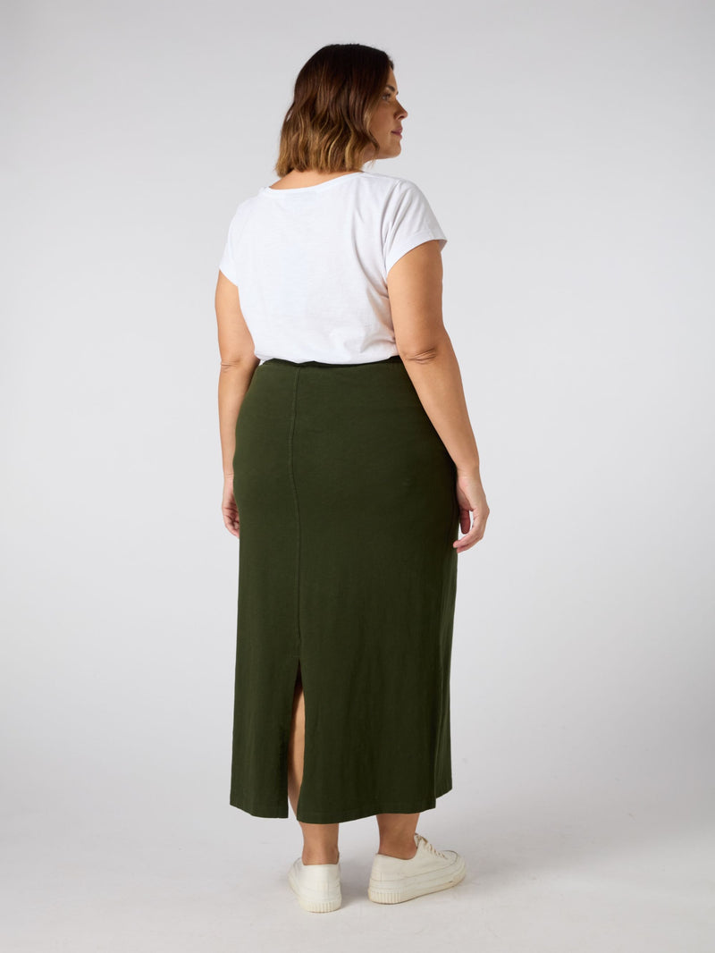 Khaki Jersey Midi Skirt