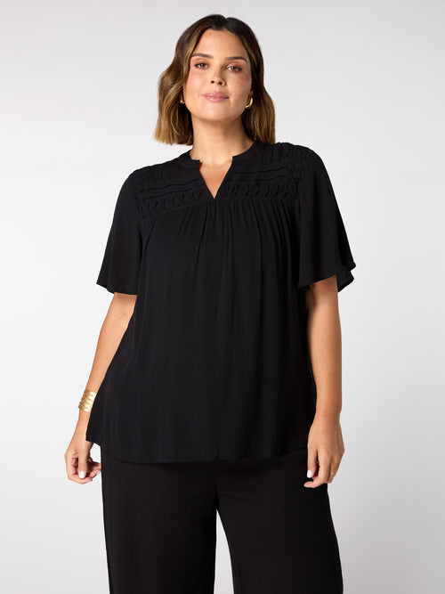 Black Crinkle Smocked Top