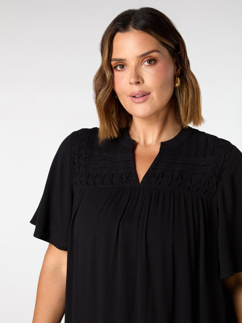 Black Crinkle Smocked Top