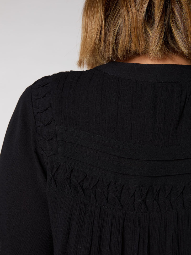 Black Crinkle Smocked Top