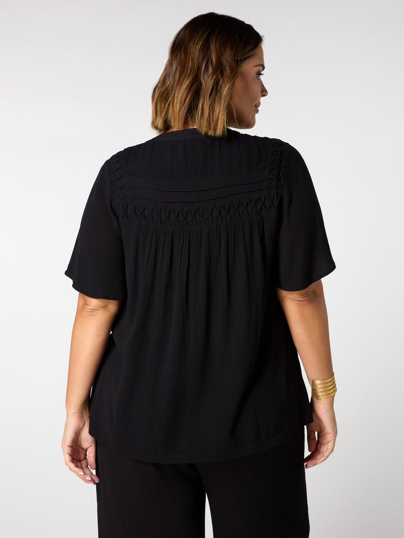 Black Crinkle Smocked Top