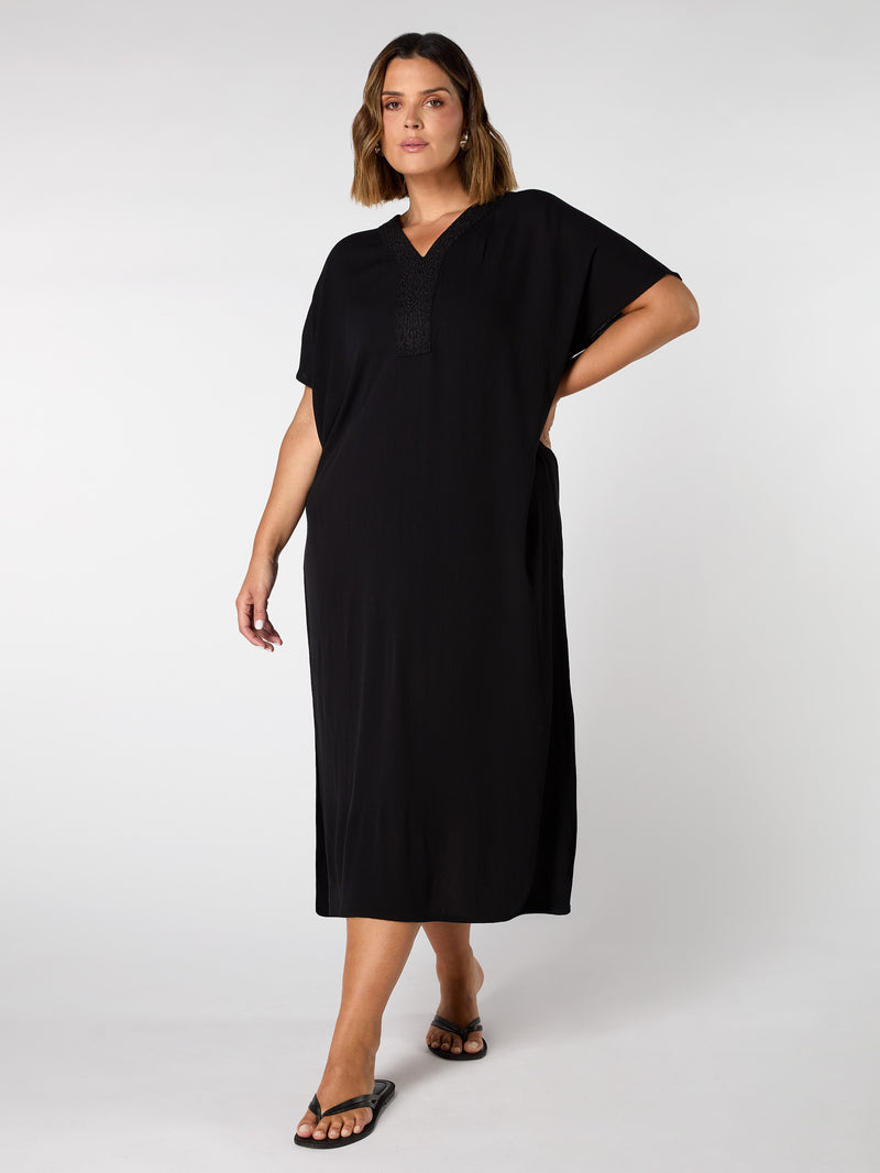 Black Embroidered Crinkle Kaftan