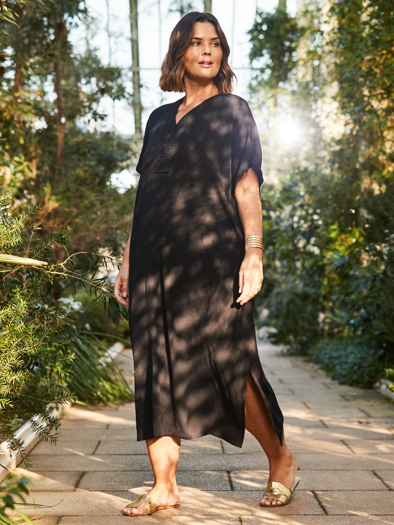 Black Embroidered Crinkle Kaftan