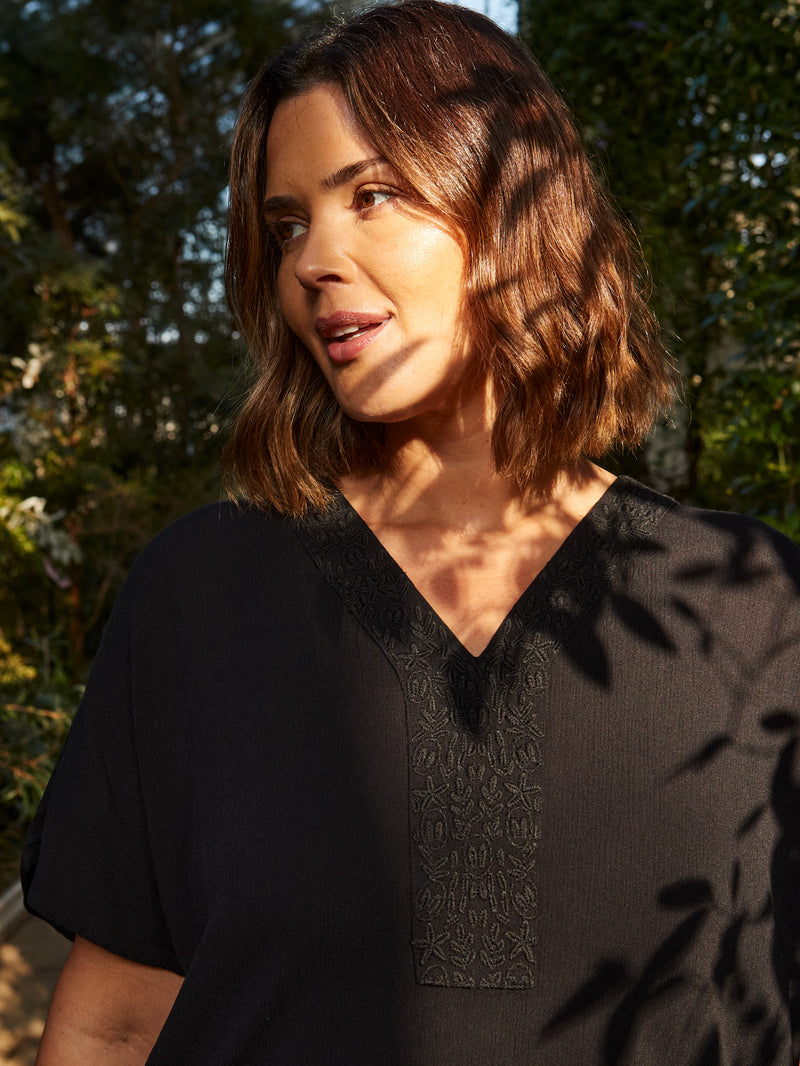 Black Embroidered Crinkle Kaftan