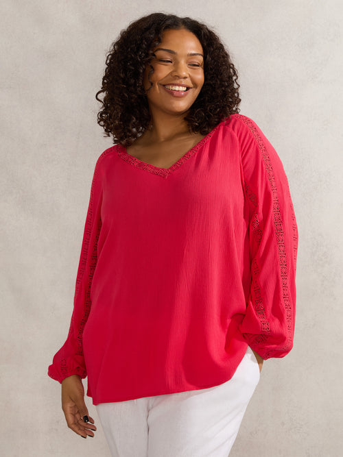 Raspberry Crinkle Crochet Insert Blouse