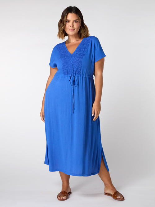 Blue Viscose Crinkle Embroidered Dress