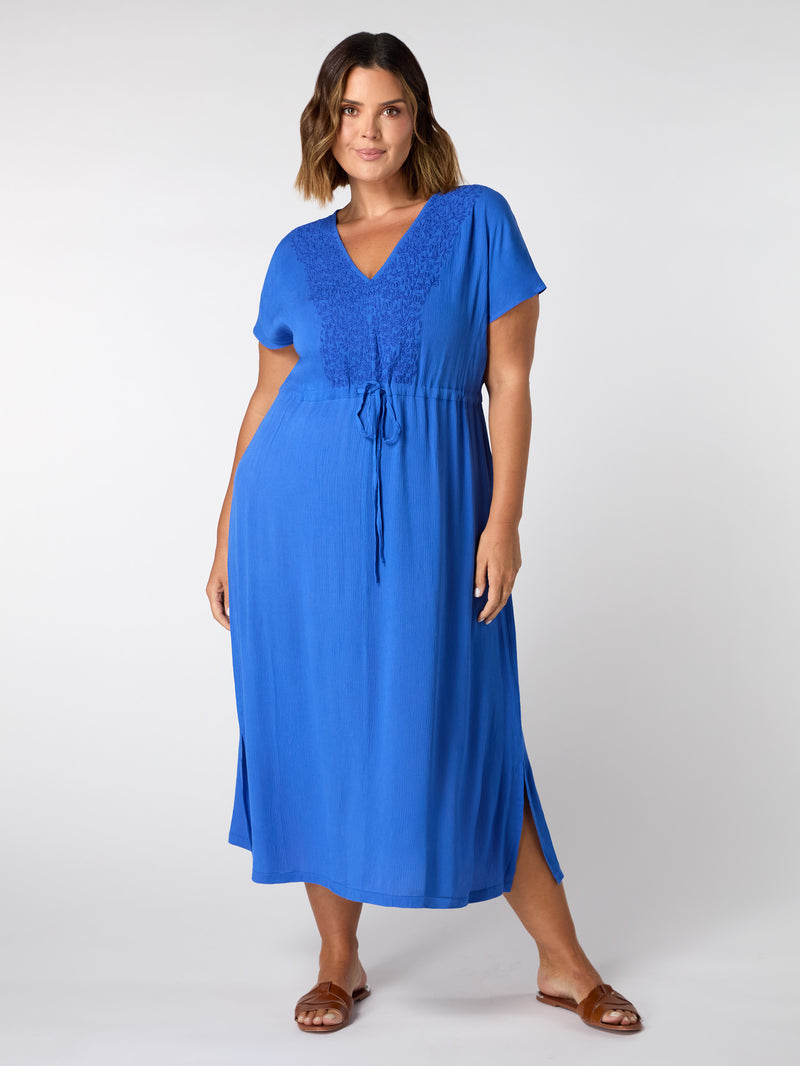 Blue Viscose Crinkle Embroidered Dress