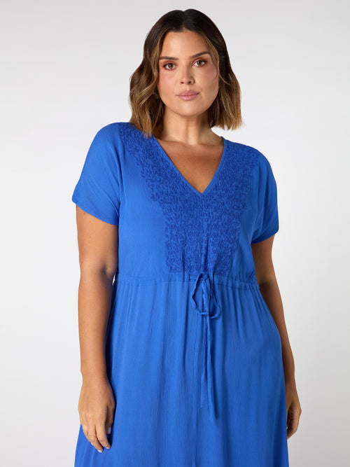 Blue Viscose Crinkle Embroidered Dress