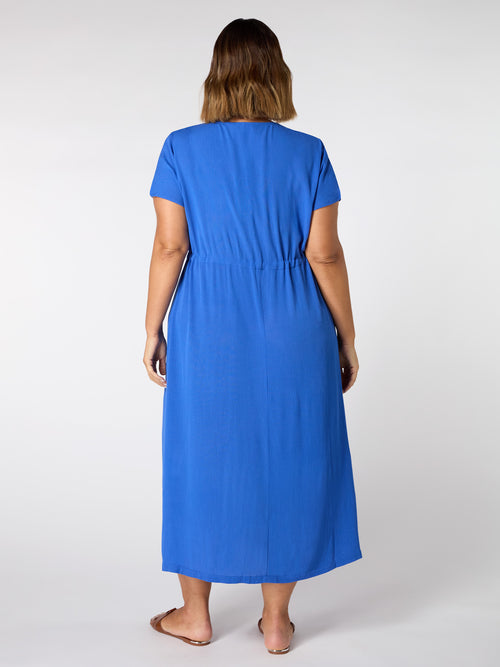 Blue Viscose Crinkle Embroidered Dress