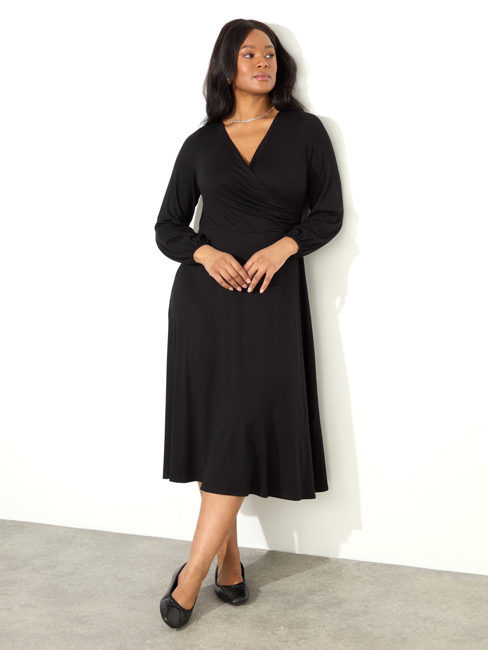 Black Pleated Wrap With Blouson Sleeves Dress