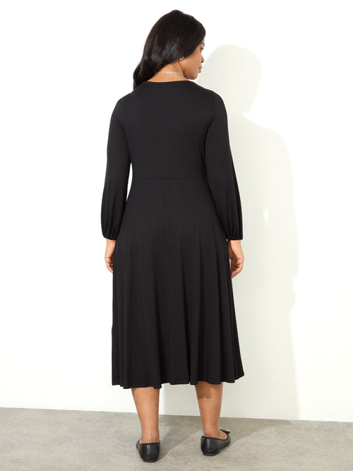 Black Pleated Wrap With Blouson Sleeves Dress