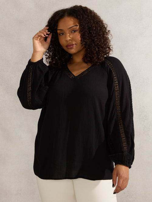 Black Crinkle Crochet Insert Blouse